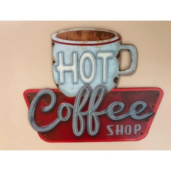 New Hot Coffee Shop Embossed Metal Sign - Vintage Diner Coffee Sign